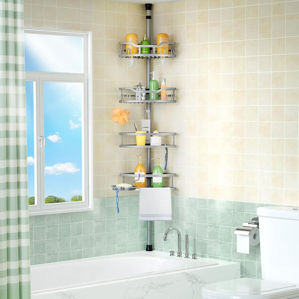 Corner Shower Caddy Tension Pole: Rustproof Stable 4-Tier Bathroom Organizer Shelves for Bathtub Shampoo Storage - 47-121 Inch Quick Install Adjustable Shelf with Soap Rack - Silver Gray7
