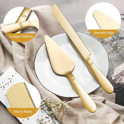 Wedding Cake Cutting Set - Extended Thickened Knife and Server Gold | 2 Pcs 13.0" Cutter & 10.49" Spatula, Food-Grade Stainless Steel Rounded Edges, Rust-Proof, Sturdy, for Birthday, Anniversary4