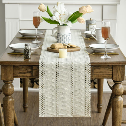 Beige Woven Farmhouse Hollow Table Runner 12X72 Inch2