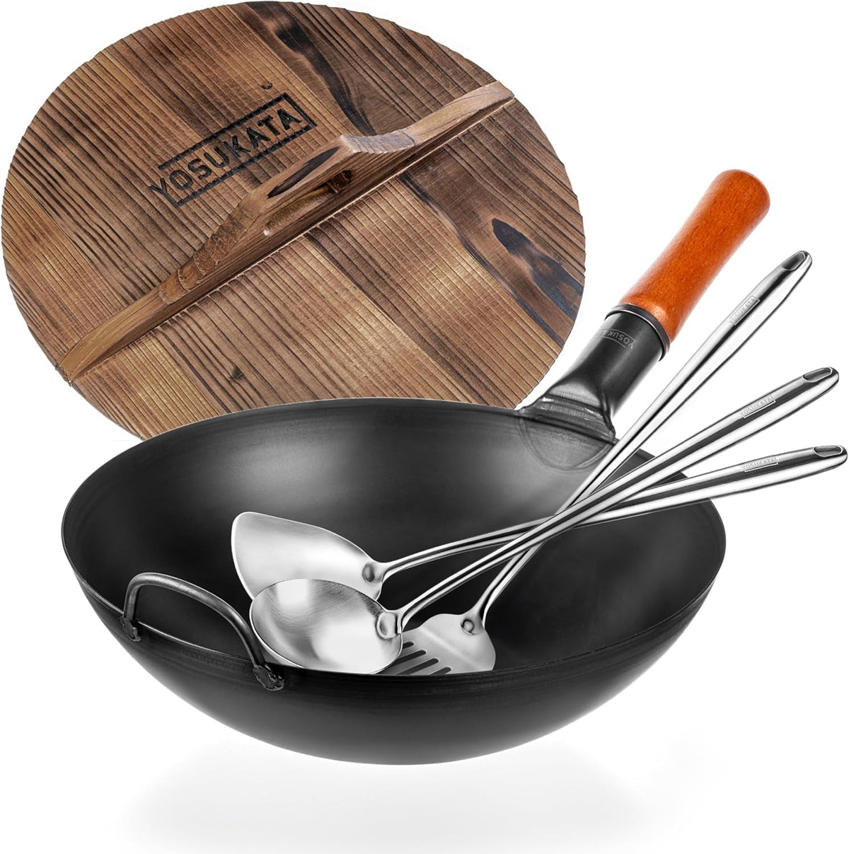 carbon-steel-wok-pan-13-5-stir-fry-pans-with-flat-bottom-wooden-wok-lid-13-5-in-with-ergonomic-handle-17-spatula-and-ladle-and-turner
