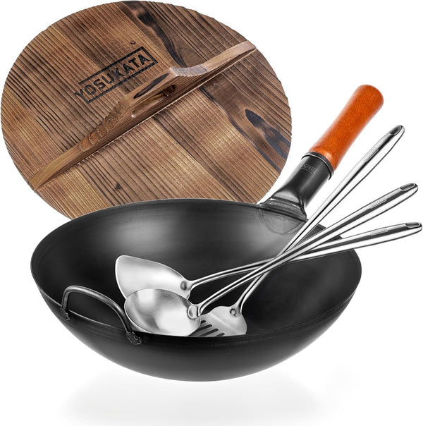 Carbon Steel Wok Pan – 13,5 “ Stir Fry Pans with Flat Bottom + Wooden Wok Lid 13.5 in with Ergonomic Handle + 17" Spatula and Ladle and Turner1