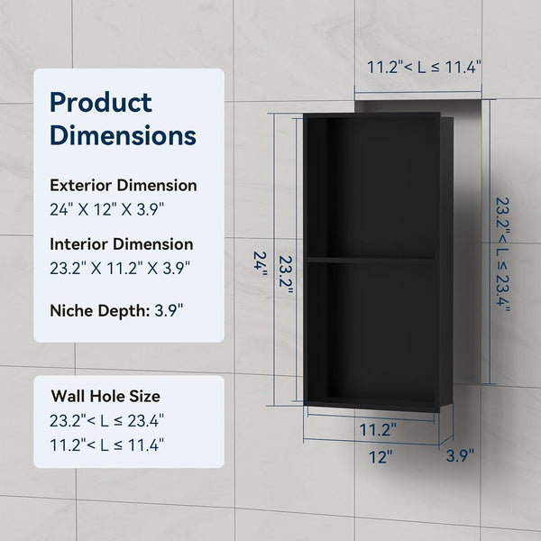 Shower Niche 24" X 12" Black, Stainless Steel Wall Niche2
