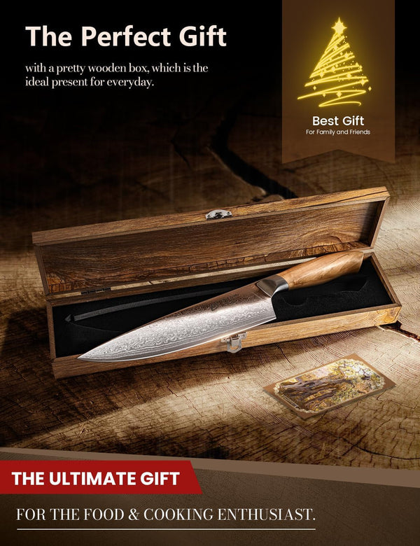 Damascus Chef Knife in Japanese Steel, 67-Layers Damascus Kitchen Knife with Wooden Gift Box and Original Olive Wood Handle, Cooking Knives for Home Kitchen Gift Idea7