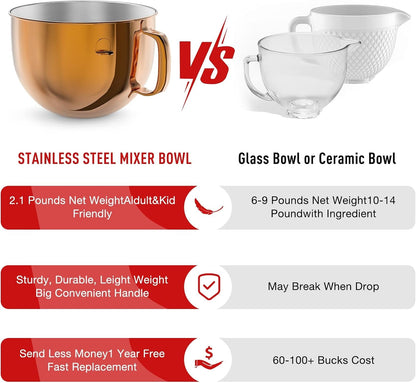 7QT Stainless Steel Mixer Bowl for Kitchenaid Stand Mixers, Kitchen Aid Mixing Bowl for 7QT Lift Mixer with Handle Copper3