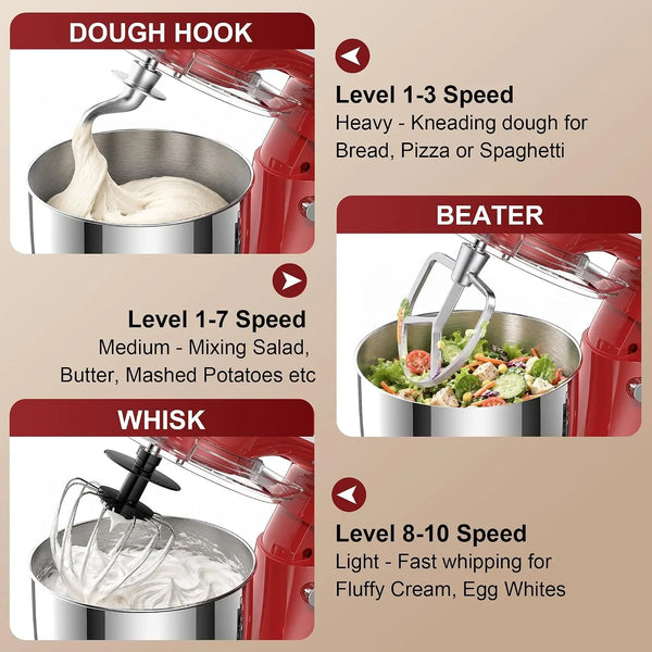 4QT Electric Stand Mixer, 10-Speed Tilt-Head Compact Kitchen Mixer | Multiple Stylish Colors | Food Mixer with Dough Hook & Beater & Whisk | for Cake & Bread | Dishwasher-Safe | Red5