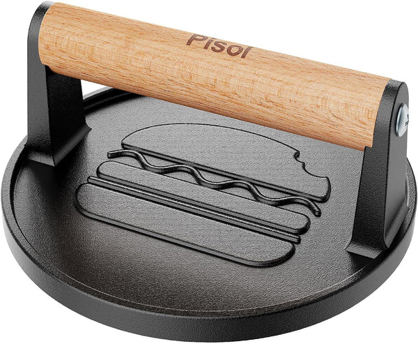 Smash Burger Press, Pre-Seasoned Cast Iron Meat Press Tool, 2 Lb | Rustproof, Pre-Seasoned, Flat Bottom, Wooden Handle, Dishwasher Safe, No Stick, Easy to Clean, 6.6'' Wide, Weighs 2 Pounds7
