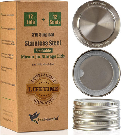 316 Surgical Stainless Steel Mason Jar Lids WIDE Mouth -ORIGINAL DESIGN- Stackable W/Pull-Tab Silicone Ring Seal. Rust-Proof, Airtight, Leak-Proof, Bpa-Free, Pvc-Free - Not for Canning1