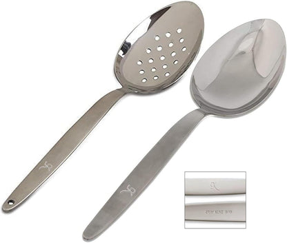 Kunz Perforated and Regular Set | Pack of 2 | 9 Inch 18/10 Stainless Steel Cooking Serving Spoon | Daily Chef, Basting, Quenelle, Saucing, Plating Spoon | Dishwasher Safe1