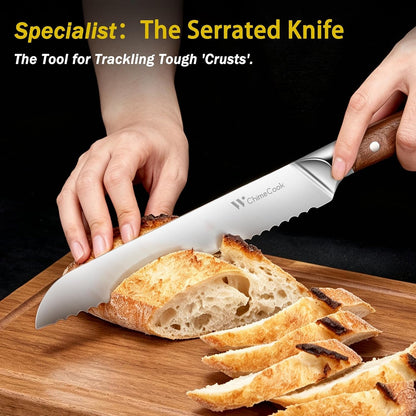 3-Piece Natural Rosewood Handle Kitchen Knife Set W/Bread Knife | Luxury Chef/Bread/Utility Knife Set, Razor-Sharp 5Cr15Mov Steel Blades, Premium Rosewood Handles, Ergonomic Non-Slip Grip7