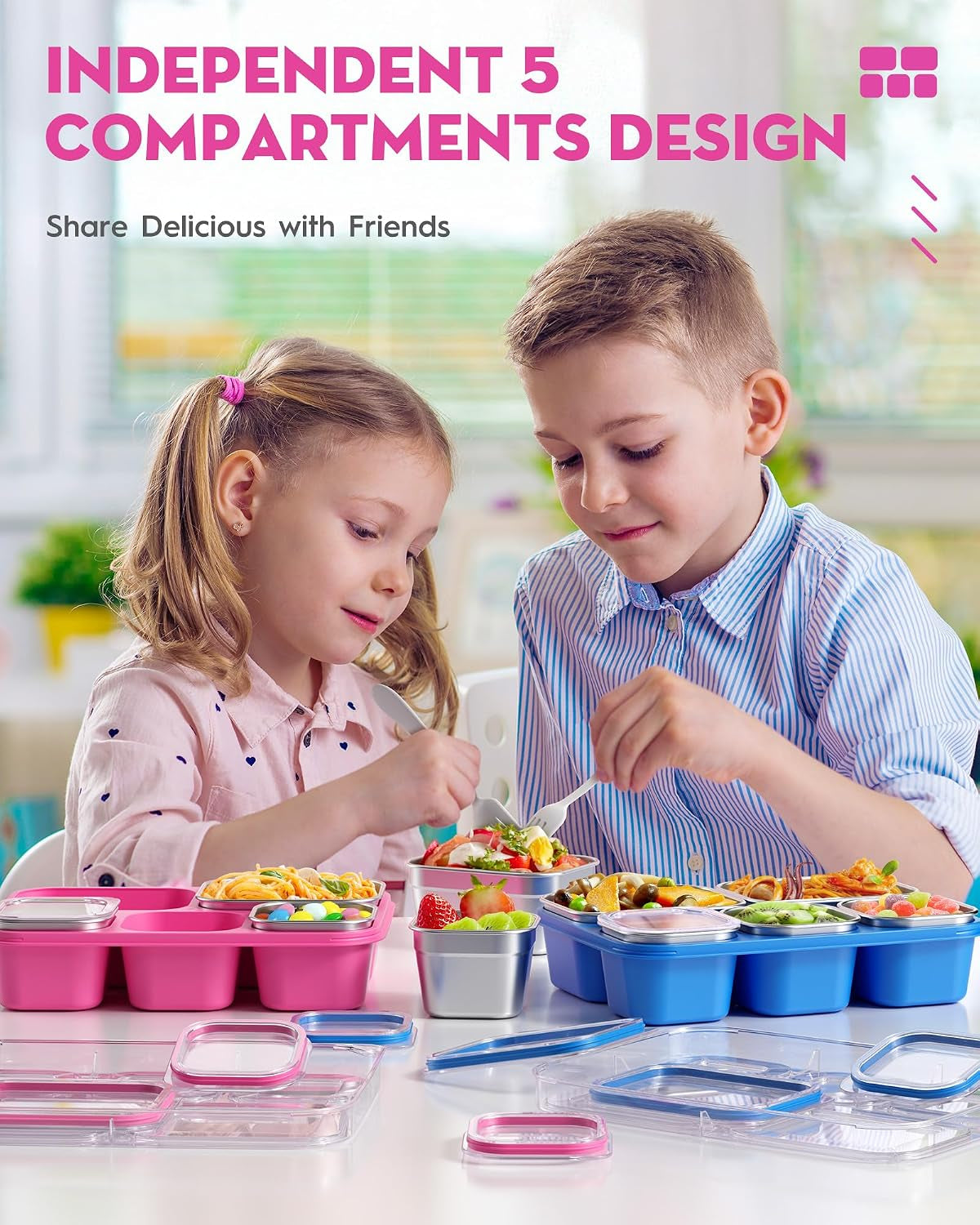 snackle-box-containers-stainless-steel-5-compartments-divided-serving-tray-with-lid-removable-leakproof-portable-bento-box-for-fruit-candy-nuts-food-school-picnic-and-travel-pink