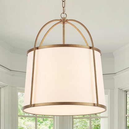 Rustic Modern Chandelier for Entryway, Dining Room Chandelier with Off-White Fabric Shade, Gold Pendant Light Fixture for Bedroom Kitchen Farmhouse1