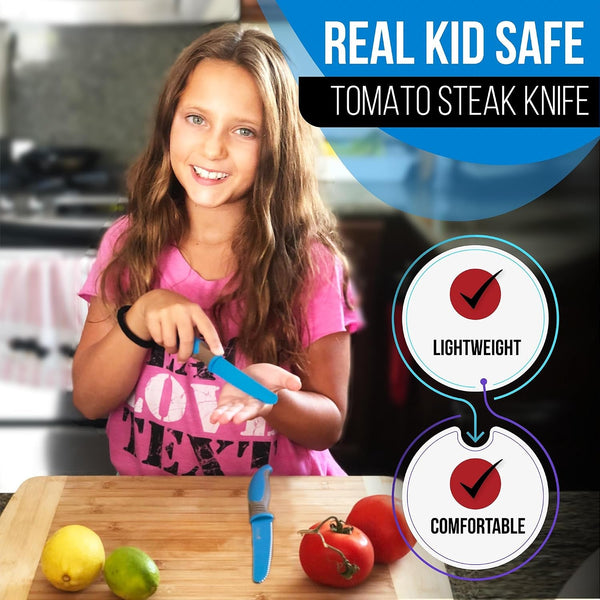 2-Piece Kids Tomato & Steak Knife Set | Safe Stainless Steel Serrated Knives for Real Cooking | Skin-Friendly Blade, Lightweight & Easy Grip – Kitchen Tool for Kids & Beginners (2 Pcs)3