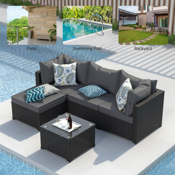 Patio Furniture Set, 5PCS Outdoor Sectional W/ Ottoman & Cushion, Grey8