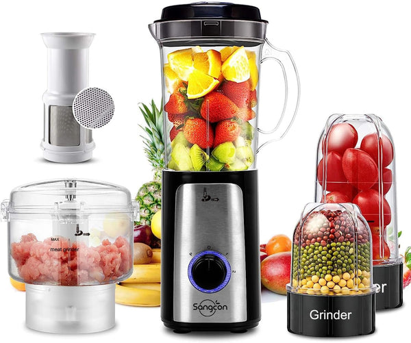Blenders for Kitchen, 5-In-1 Food Processor Combo for Smoothies Set | Bpa-Free 47Oz Pitcher, 2.5-Cup Bowl, 18/11Oz Cups, 3 Blades; Housewives Prep Shakes, Meat, Sauces, Salsa, Coffee, Dry Spices1