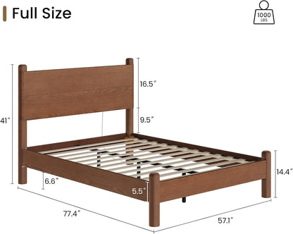Solid Wood Full Size Bed Frame with Tall Headboard, Brown2