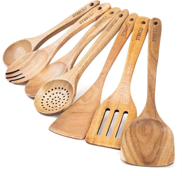 Wooden Cooking Utensils Set, 7 Piece Natural Acacia Kitchen Spoons for Cooking with Turner, Slotted Turner, Spatula, Salad Spoon and Fork1