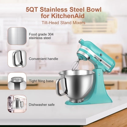 5 Quart Stainless Steel Mixer Bowl Compatible with Kitchenaid 4.5 & 5 QT Tilt-Head Stand Mixers, Durable Kitchenaid Replacement Bowl, Mixer Accessories for Baking & Cooking6