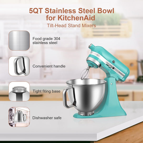 5 Quart Stainless Steel Mixer Bowl Compatible with Kitchenaid 4.5 & 5 QT Tilt-Head Stand Mixers, Durable Kitchenaid Replacement Bowl, Mixer Accessories for Baking & Cooking6