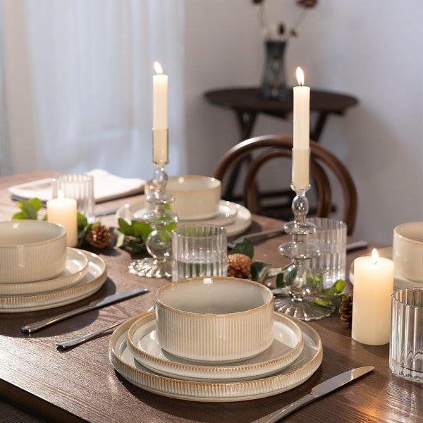 Star Stoneware Dinnerware Set, Reactive Glaze Plates & Bowls for 49