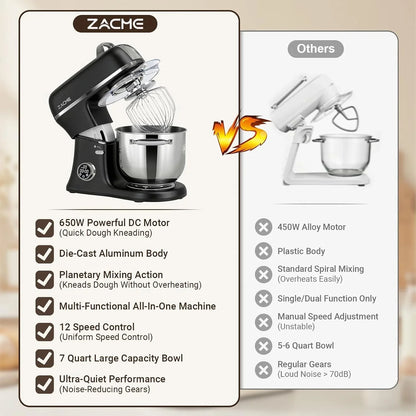 7 Quart Stand Mixer Aluminum Die Casting, 650W 12 Speed Tilt-Head Kitchen Electric Stand Mixer, Household Food Mixer with Stainless Steel Bowl, Dough Hook, Whisk and Beater-Black6