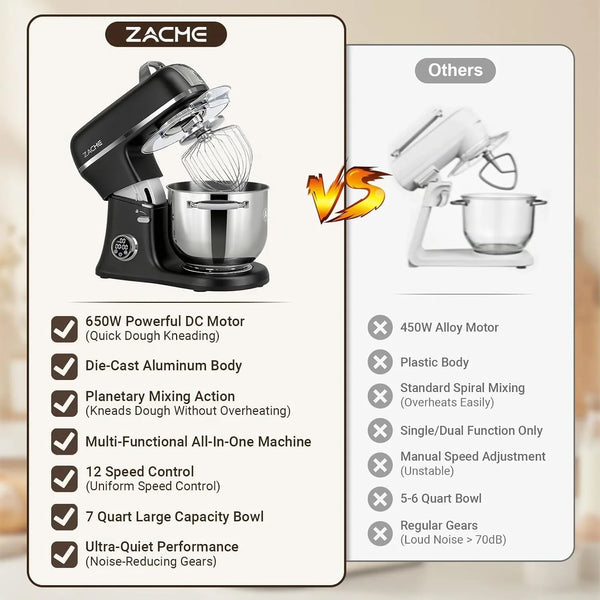 7 Quart Stand Mixer Aluminum Die Casting, 650W 12 Speed Tilt-Head Kitchen Electric Stand Mixer, Household Food Mixer with Stainless Steel Bowl, Dough Hook, Whisk and Beater-Black6