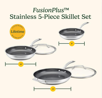 Skillet Set Purelysear Hybrid Stainless Steel 5 Pc | Stainless Steel Cookware Set, Hybrid Technology Induction Cookware, Essential Sizes for Chefs and Families, FPS-5SSCR8