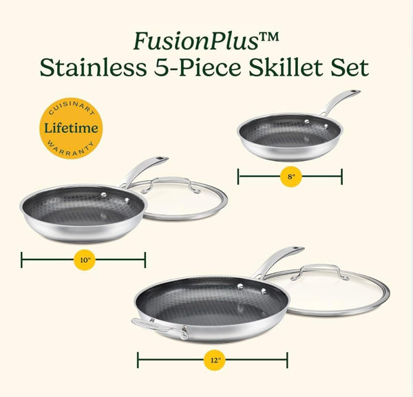 Skillet Set Purelysear Hybrid Stainless Steel 5 Pc | Stainless Steel Cookware Set, Hybrid Technology Induction Cookware, Essential Sizes for Chefs and Families, FPS-5SSCR8