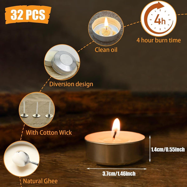 Tea Light Candles 32Pcs, 4 Hour Long Time Burning, Bulk White Unscented Smokeless Tea Candles for Home, Shabbat, Weddings, Events, Emergencies (32Pcs-White)2