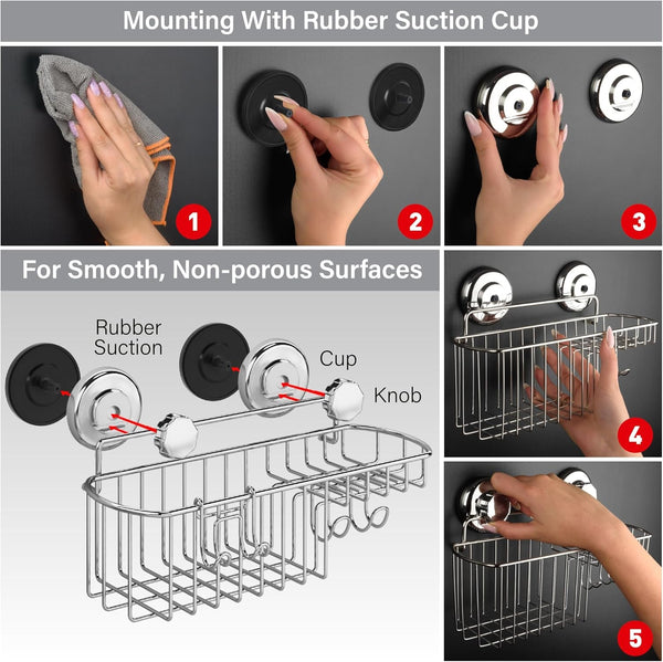 HASKO Suction Cup Shower Caddy Basket for Shampoo, Shower Suction Shelf Organizer, Basket with Soap Holder and Hooks, Stainless Steel Shampoo Holder for Bathroom Storage, Chrome6