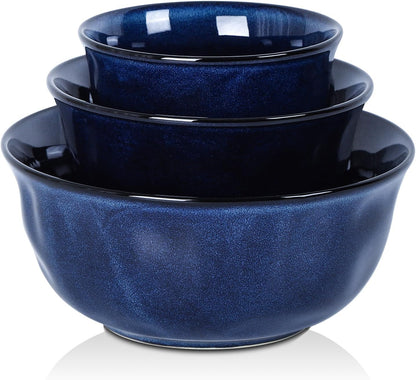 Ceramic Mixing Serving Bowl Set: Nesting Stoneware Kitchen Decorative Large Bowls for Prepping, Baking – Microwave Oven Dishwasher Safe – 9/7/5.7 Inch, Set of 3 (Blue)1