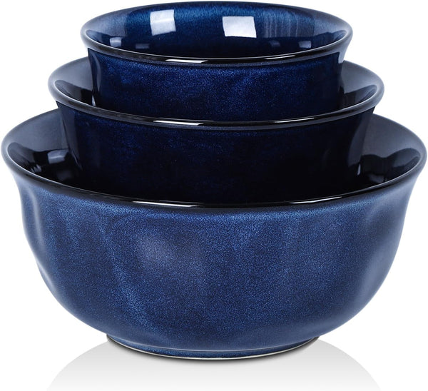 Ceramic Mixing Serving Bowl Set: Nesting Stoneware Kitchen Decorative Large Bowls for Prepping, Baking – Microwave Oven Dishwasher Safe – 9/7/5.7 Inch, Set of 3 (Blue)1