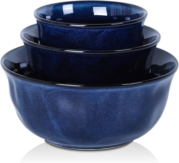 Ceramic Mixing Serving Bowl Set: Nesting Stoneware Kitchen Decorative Large Bowls for Prepping, Baking – Microwave Oven Dishwasher Safe – 9/7/5.7 Inch, Set of 3 (Blue)