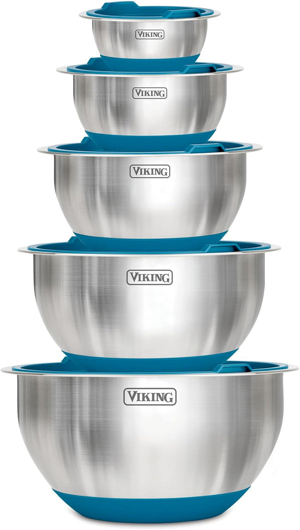 Viking Mixing Bowls Set, 10 Piece Stainless Steel Kitchen Cookware, Non-Slip Silicone Base, Includes Tight Fit Lids, Dishwasher Safe, Teal1