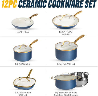 12 Pc Pots and Pans Set Non Stick Ceramic Cookware Set | Non Toxic PFOA/PFOS/PTFE Free, Stay Cool Stainless Steel Handles, Dishwasher and Oven Safe, Navy Gold2