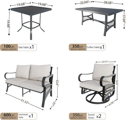 5 Pieces Outdoor Conversation Set, Rope Patio Furniture Sets Metal 2 Swivel Rockers with Side Table Loveseat Sofa with Coffee Table, Beige Cushions2