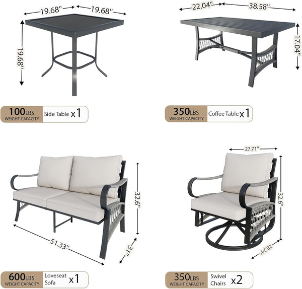 5 Pieces Outdoor Conversation Set, Rope Patio Furniture Sets Metal 2 Swivel Rockers with Side Table Loveseat Sofa with Coffee Table, Beige Cushions2