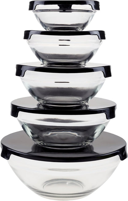 Glass Mixing Bowls with Lids Set - 10-Piece-Set with Multiple Bowl Sizes for Kitchen Storage, Meal Prep, Mixing, and Serving (Black)1