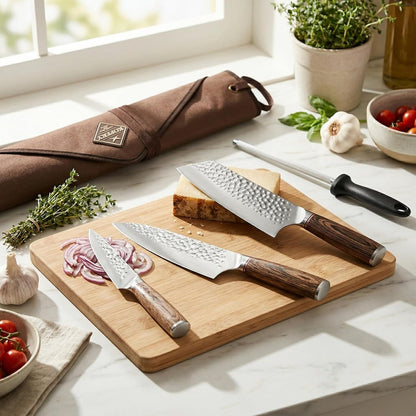 Forged High Carbon Steel Knife Set for Chefs & Grill Masters | Meat Cutting & Outdoor Cooking for Culinary Students, Butcher Cleaver, Honing Rod, Travel Knife Roll, Hand-Hammered Blades8