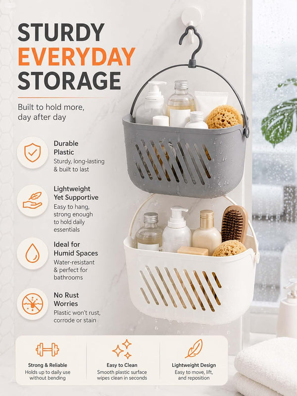 Plastic Hanging Shower Caddy, 2026 New Portable Shower Caddy Hanging Shower Basket Organizer with Hook, Lightweight Bathroom Storage Tote for Dorm, Gym, Travel & College Essentials (Grey)6