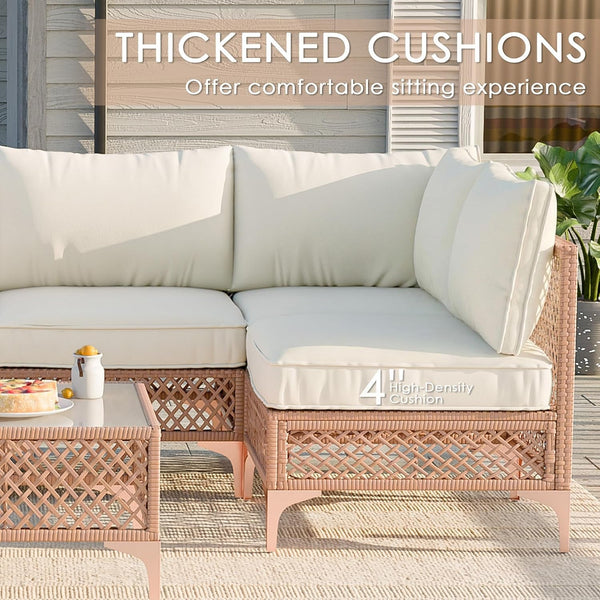 Patio Conversation Sets, 7 Piece Outdoor Furniture Set with Thick Cushions, Wicker Sectional Sofa Set with Coffee Table for Backyard, Poolside, Garden (Beige)6