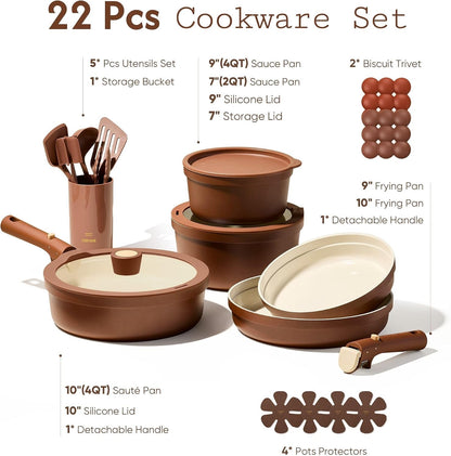 22Pcs Ceramic Cookware Set, Pots and Pans Set Non Stick Removable Handles, Non Toxic Cookware Oven/Dishwasher Safe, Induction Cookware, Gift Set, Nonstick Cookware Set with Kitchen Essentials7