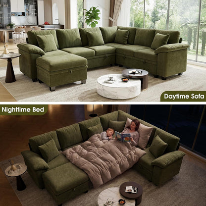 107.8" Modular Sectional Sleeper Sofa with Pull Out Bed, U Shaped 7 Seat Couch with 221L Storage, Convertible Cloud Couch Bed with Ottoman, Sectional Couches for Living Room, Apartment (Green)3