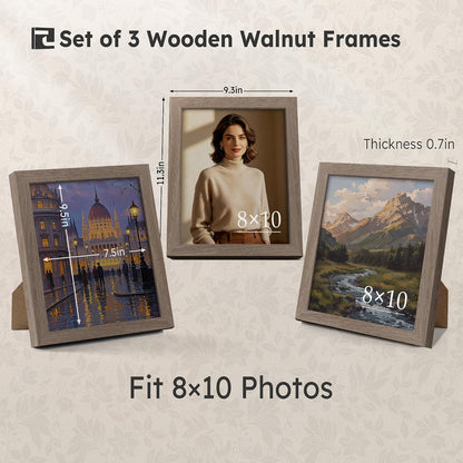8X10 Picture Frame, Walnut Wood, 3 Pack, Glass, for Photo, Art2