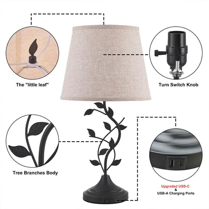 Table Lamp for Living Room, Bedside Lamp for Bedroom, Rustic Lamp | Knob Switch, USB C+A Charging Ports, Corded, Traditional Rustic Leaf Lamp for Livingroom, Bedside, Bedroom, Nightstand8