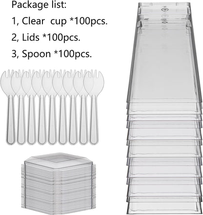 300 Pack 100 Set Clear Dessert Cups with Lids and Spoons, 5.4Oz Mini Dessert Cups Reusable Square Parfait Cup for Party Appertizer, Christmas5