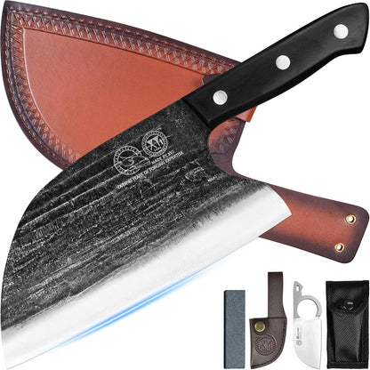 Full Tang, Serbian Chefs Knife,Chef Meat Cleaver,Kitchen Knives,Set with Leather Sheath,Take Carrying,Butcher (8 Inch)1