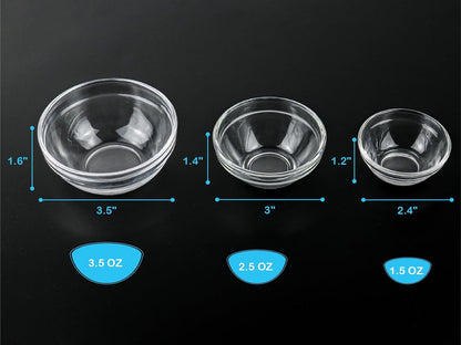 3 Sizes of Glass Prep Bowl Sets, Clear Small Pinch Bowls for Salt, Spices and Chopped Ingredients, 1.5Oz/2.5Oz/3.5Oz, Set of 126