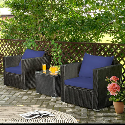3 Pieces Patio Furniture Set, PE Rattan Wicker Sofa Set W/Washable Cushion and Tempered Glass Tabletop, Outdoor Conversation Furniture for Garden Poolside (Navy Blue)3