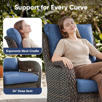 High Back Patio Chairs Set of 2 - Brown Wicker Chairs Outdoor Seating, 4" Wide Armrests Rattan Outdoor Club Chair with Blue Removable Cushion for Deck Porch Backyard9