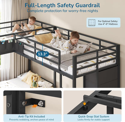 Triple Bunk Bed with 9 Storage Drawers and LED Lights, Twin over Twin 3 Bed Bunk Beds for Kids with Shelves and Pegboard, Heavy-Duty Metal Bunk Bed with Full-Length Guardrail and Dual Ladders, Black7
